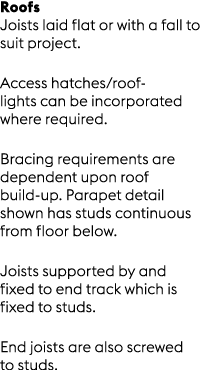 Roofs Joists laid flat or with a fall to suit project. Access hatches/roof lights can be incorporated where required....