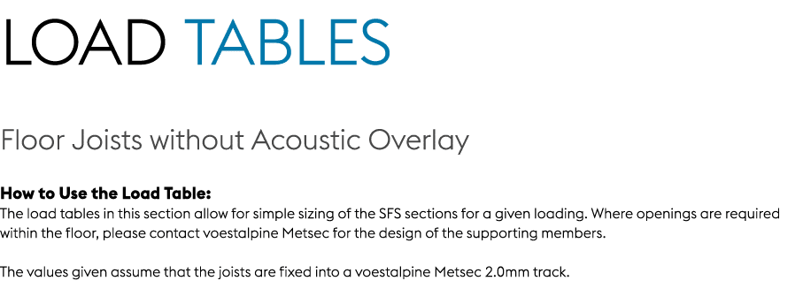 Load Tables Floor Joists without Acoustic Overlay How to Use the Load Table: The load tables in this section allow fo...