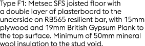 Type F1: Metsec SFS joisted floor with a double layer of plasterboard to the underside on RB565 resilient bar, with 1...