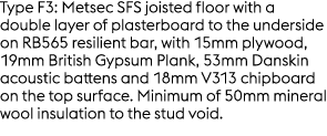 Type F3: Metsec SFS joisted floor with a double layer of plasterboard to the underside on RB565 resilient bar, with 1...