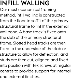 Infill Walling Our most economical framing method, infill walling is constructed from the floor to soffit of the prim...