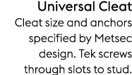 Universal Cleat Cleat size and anchors specified by Metsec design. Tek screws through slots to stud.