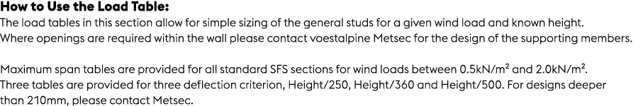 How to Use the Load Table: The load tables in this section allow for simple sizing of the general studs for a given w...