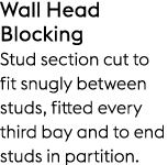Wall Head Blocking Stud section cut to fit snugly between studs, fitted every third bay and to end studs in partition.