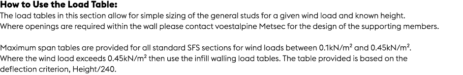 How to Use the Load Table: The load tables in this section allow for simple sizing of the general studs for a given w...