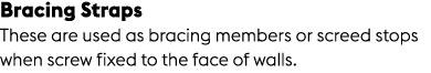 Bracing Straps These are used as bracing members or screed stops when screw fixed to the face of walls.