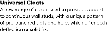 Universal Cleats A new range of cleats used to provide support to continuous wall studs, with a unique pattern of pre...