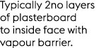 Typically 2no layers of plasterboard to inside face with vapour barrier.