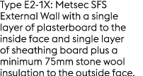 Type E2 1X: Metsec SFS External Wall with a single layer of plasterboard to the inside face and single layer of sheat...