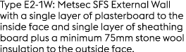Type E2 1W: Metsec SFS External Wall with a single layer of plasterboard to the inside face and single layer of sheat...