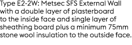 Type E2 2W: Metsec SFS External Wall with a double layer of plasterboard to the inside face and single layer of sheat...
