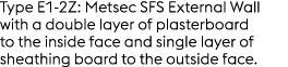Type E1 2Z: Metsec SFS External Wall with a double layer of plasterboard to the inside face and single layer of sheat...
