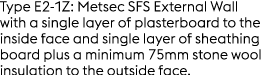 Type E2 1Z: Metsec SFS External Wall with a single layer of plasterboard to the inside face and single layer of sheat...