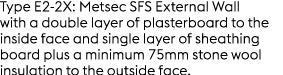 Type E2 2X: Metsec SFS External Wall with a double layer of plasterboard to the inside face and single layer of sheat...