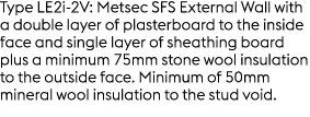 Type LE2i 2V: Metsec SFS External Wall with a double layer of plasterboard to the inside face and single layer of she...