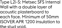 Type L2i S: Metsec SFS Internal Wall with a double layer of acoustic plasterboard to each face. Minimum of 50mm ISOVE...