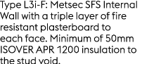 Type L3i F: Metsec SFS Internal Wall with a triple layer of fire resistant plasterboard to each face. Minimum of 50mm...