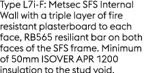 Type L7i F: Metsec SFS Internal Wall with a triple layer of fire resistant plasterboard to each face, RB565 resiliant...