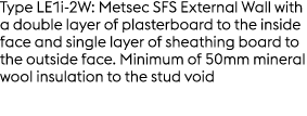 Type LE1i 2W: Metsec SFS External Wall with a double layer of plasterboard to the inside face and single layer of she...