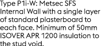 Type P1i W: Metsec SFS Internal Wall with a single layer of standard plasterboard to each face. Minimum of 50mm ISOVE...