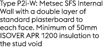 Type P2i W: Metsec SFS Internal Wall with a double layer of standard plasterboard to each face. Minimum of 50mm ISOVE...