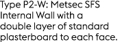 Type P2 W: Metsec SFS Internal Wall with a double layer of standard plasterboard to each face. 