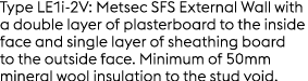 Type LE1i 2V: Metsec SFS External Wall with a double layer of plasterboard to the inside face and single layer of she...