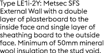 Type LE1i 2Y: Metsec SFS External Wall with a double layer of plasterboard to the inside face and single layer of she...