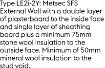 Type LE2i 2Y: Metsec SFS External Wall with a double layer of plasterboard to the inside face and single layer of she...