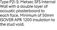 Type P2i S: Metsec SFS Internal Wall with a double layer of acoustic plasterboard to each face. Minimum of 50mm ISOVE...