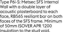Type P6i S: Metsec SFS Internal Wall with a double layer of acoustic plasterboard to each face, RB565 resiliant bar o...